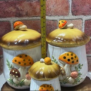 Merry Mushroom Ceramic Canisters Sears Roebuck Japan Set 3 Jars & Lids